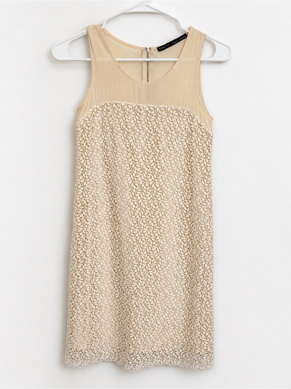 Zara Basic XS Ivory Lace Shift Dress Sleeveless Back Zip Lined Midi